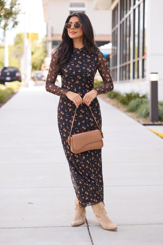 Drake Black Floral Mesh Maxi Dress | Pink Lily