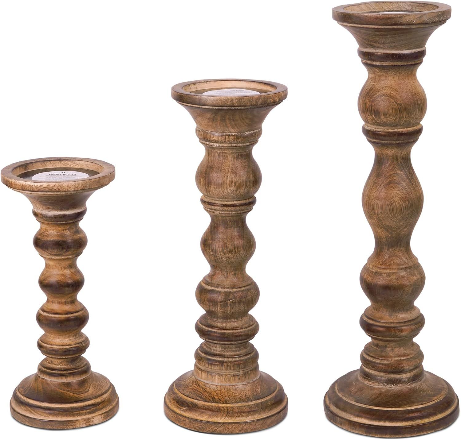 “Willow” Candle Holders for Pillar Candles (Medium Burnt, Set of 3) - Mangowood Candle Stand ... | Amazon (US)