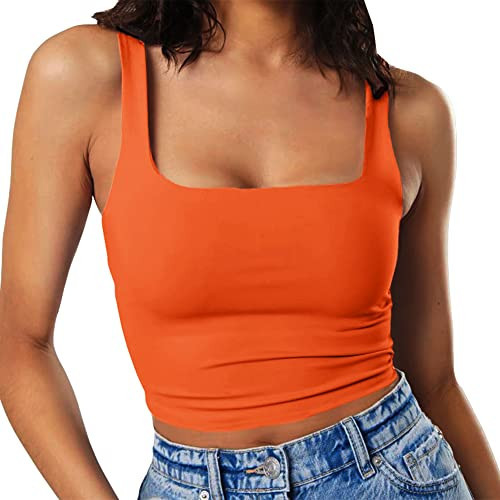 Artfish Women's Sleeveless Strappy Seamless Crop Tank Tops Square Neck Workout Fitness Basic Cropped Camis Burnt Orange, L | Amazon (US)