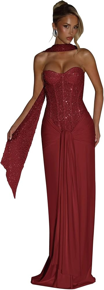 Sequin Long Bridesmaid Dresses for Women Satin Mermaid Strapless Formal Evening Party Gowns with ... | Amazon (US)