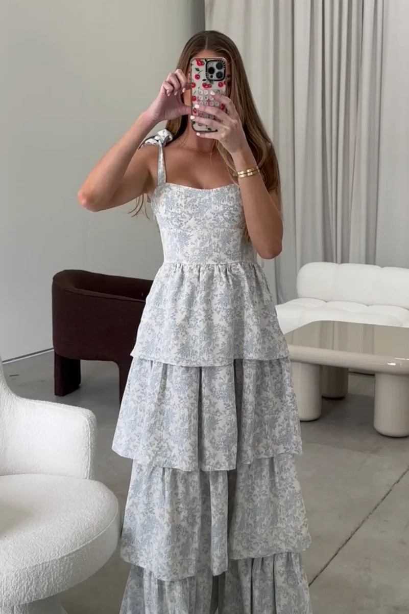 Bailey Ruffle Tiered Maxi Dress in Blue Floral | Worth Collective