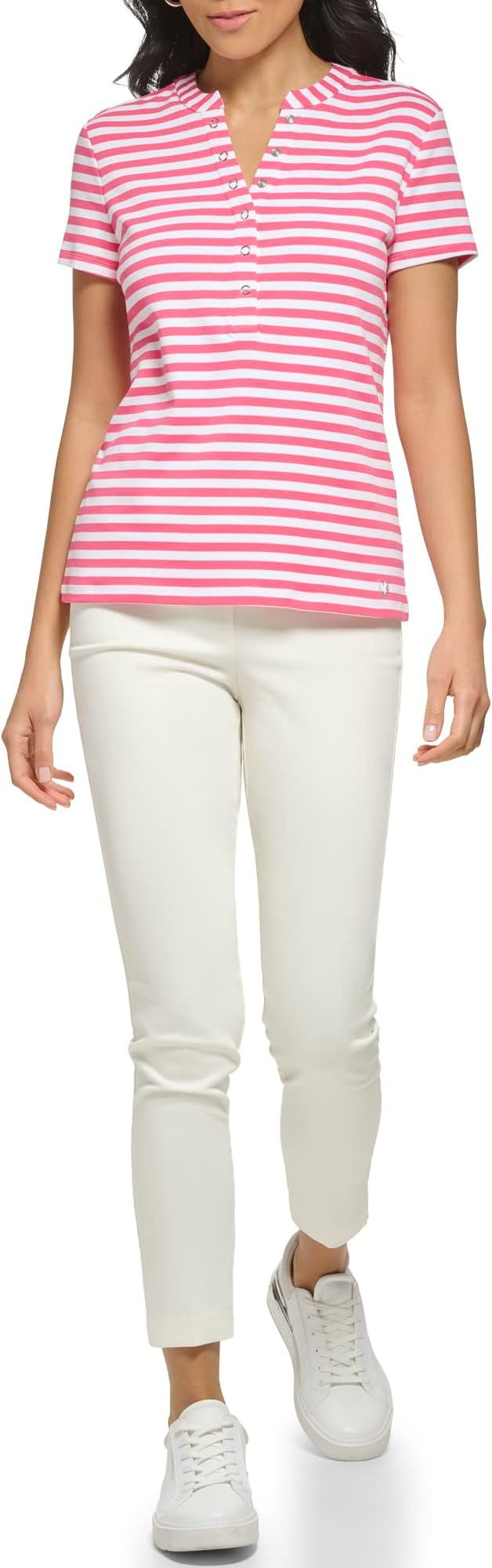 Calvin Klein Women's Comfortable Snap Detail Crew Neck Striped Short Sleeve | Amazon (US)