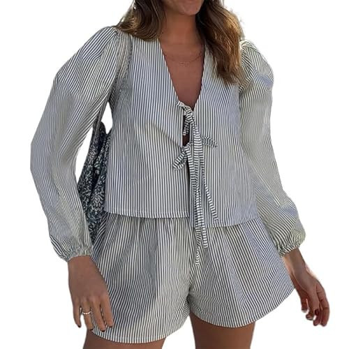 Women Striped Outfits Set 2 Piece Casual Lounge Sets Long Sleeve Tie Front Peplum Shirt Top Baggy Shorts Pj Set (Black Striped, S) | Amazon (US)