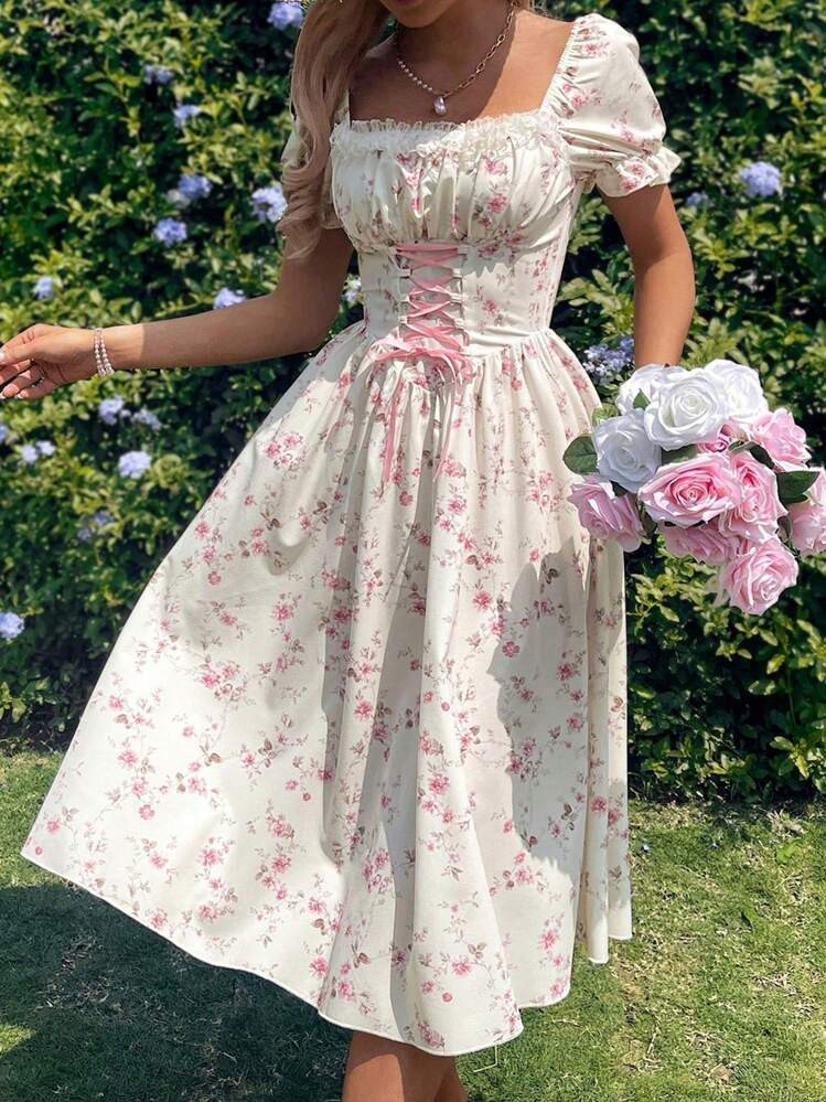 SHEIN PETITE Pink Romantic Ditsy Floral Patchwork Ruffle Square-Neck Puff Sleeve Tie-Waist Maxi Elegant Vacation Dress Vintage Dresses For Woman Women Summer Clothing Women Plus Sun Dress | SHEIN