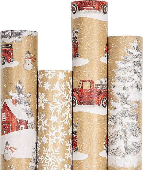 RUSPEPA Christmas Wrapping Paper, Kraft Paper - Snowflake, Snowman, Red Truck and Christmas Tree ... | Amazon (US)