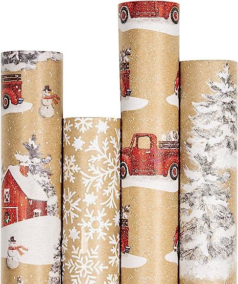 RUSPEPA Christmas Wrapping Paper, Kraft Paper - Snowflake, Snowman, Red Truck and Christmas Tree ... | Amazon (US)