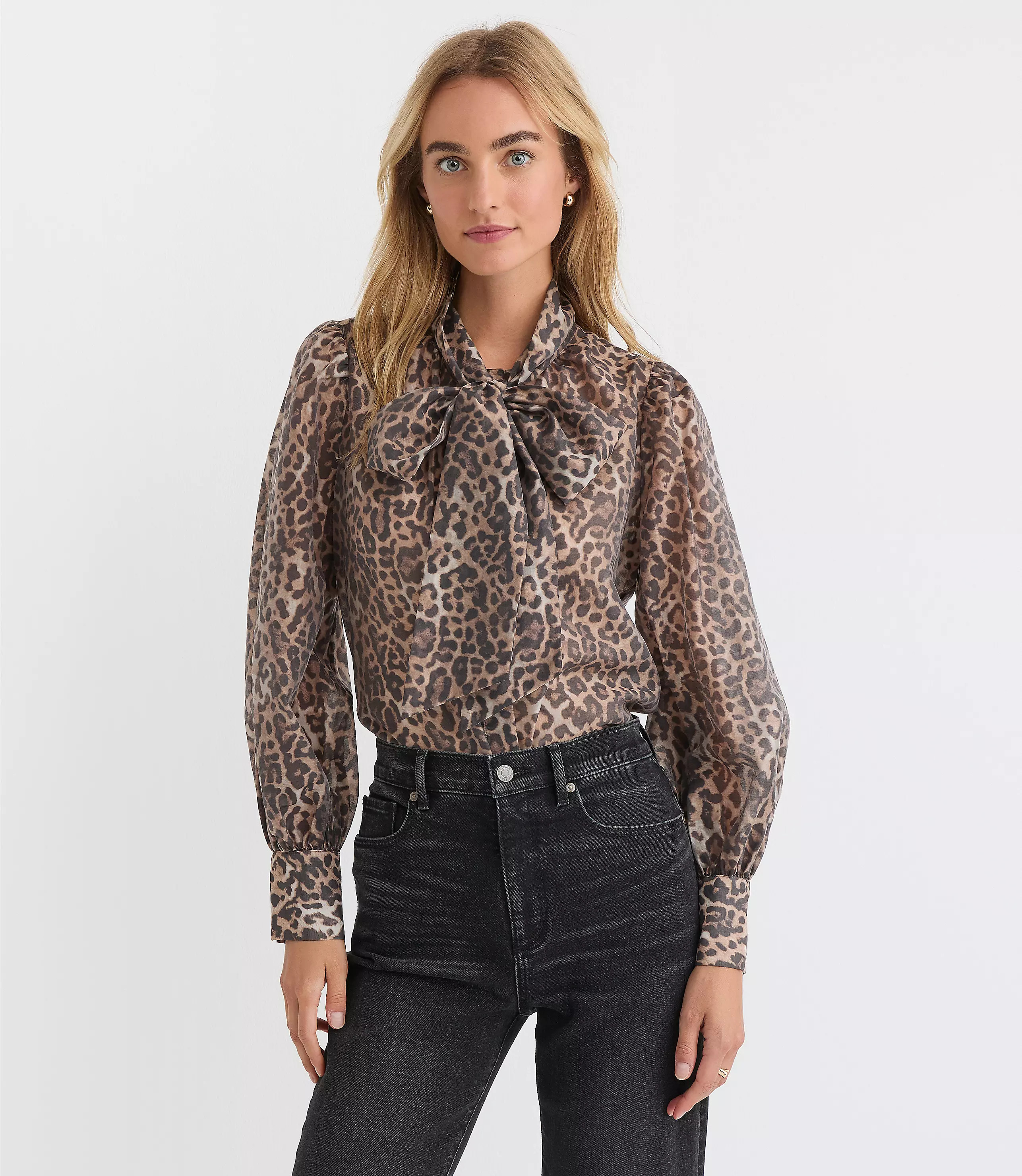 Petite Leopard Print Blouson Sleeve Bow Blouse | LOFT