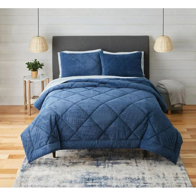 Better Homes & Gardens Plush Blue Corduroy Comforter Full/Queen 3-Piece Set | Walmart (US)