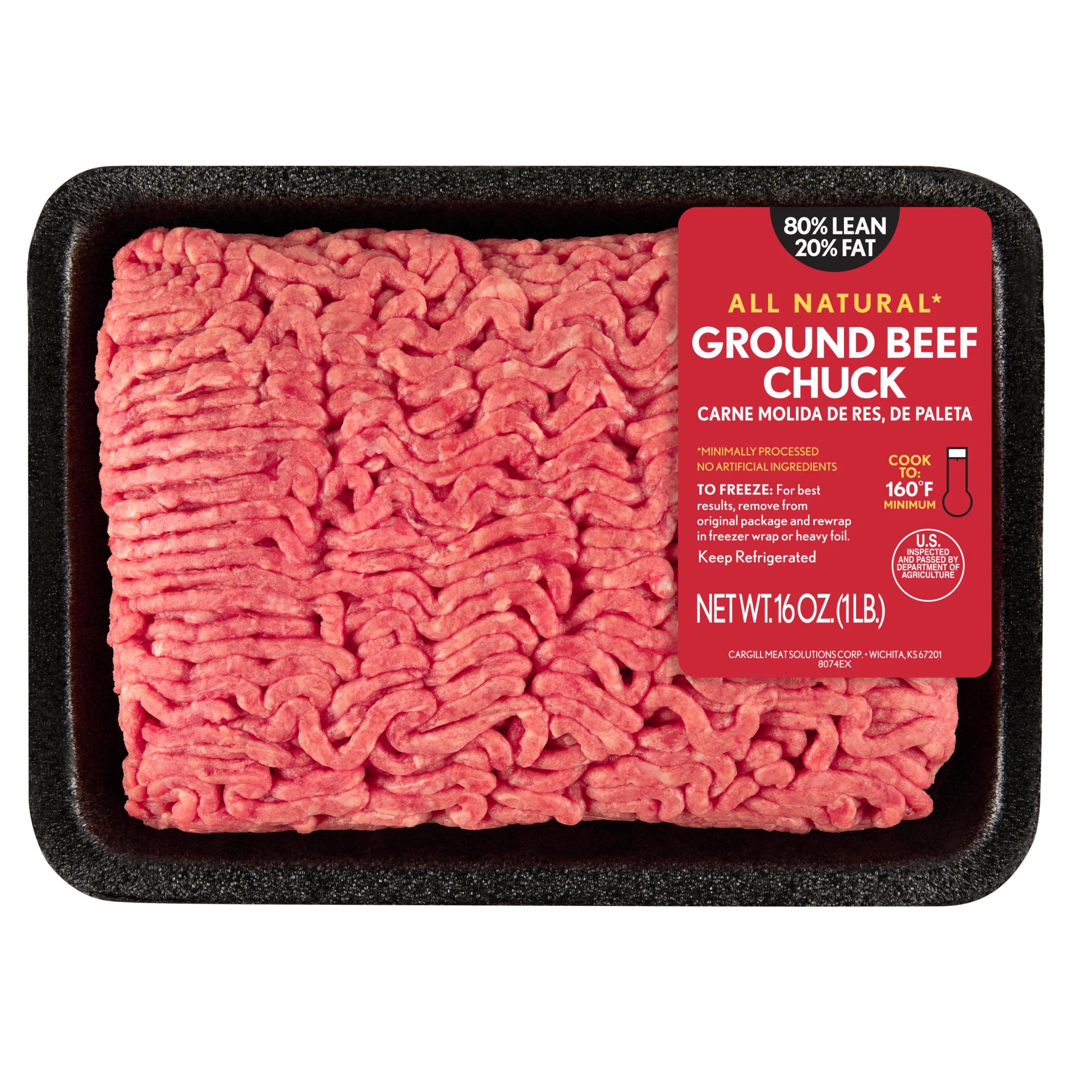 80% Lean / 20% Fat Ground Beef Chuck, 1 lb Tray, Fresh, All Natural* | Walmart (US)
