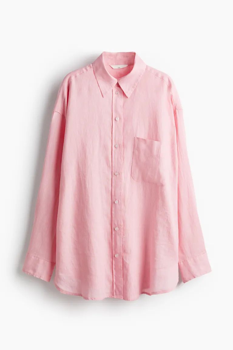 Oversized Linen Shirt - Long sleeve - Regular length - White - Ladies | H&M US | H&M (US + CA)