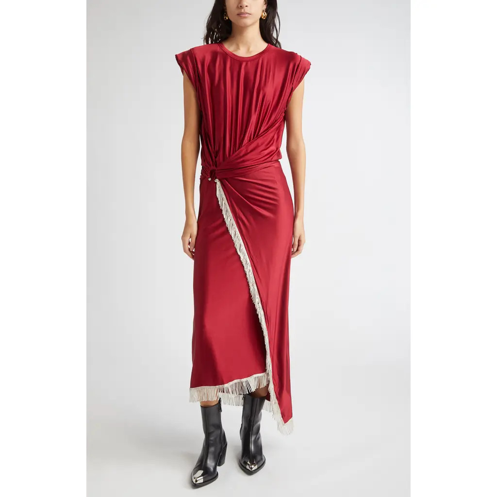 Rabanne Piercing Fringe Asymmetric Jersey Dress in Ruby Red at Nordstrom, Size 4 Us | Nordstrom