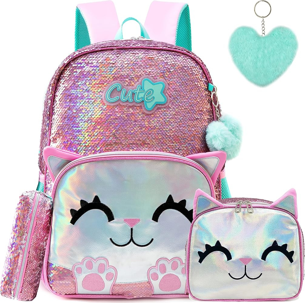 Meetbelify Cute Backpack for Girls Pink Cat School Backpacks Kids Sequin Bookbag for Elementary K... | Amazon (US)