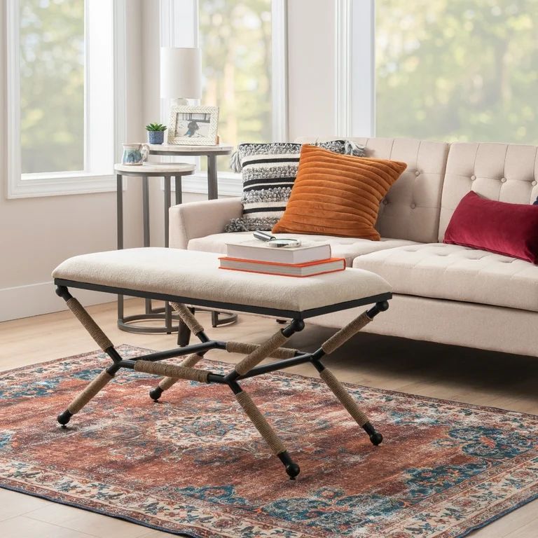 Linon Winther X Frame Bench or Ottoman, Rope Wrapped Metal Legs with Natural Linen Fabric | Walmart (US)