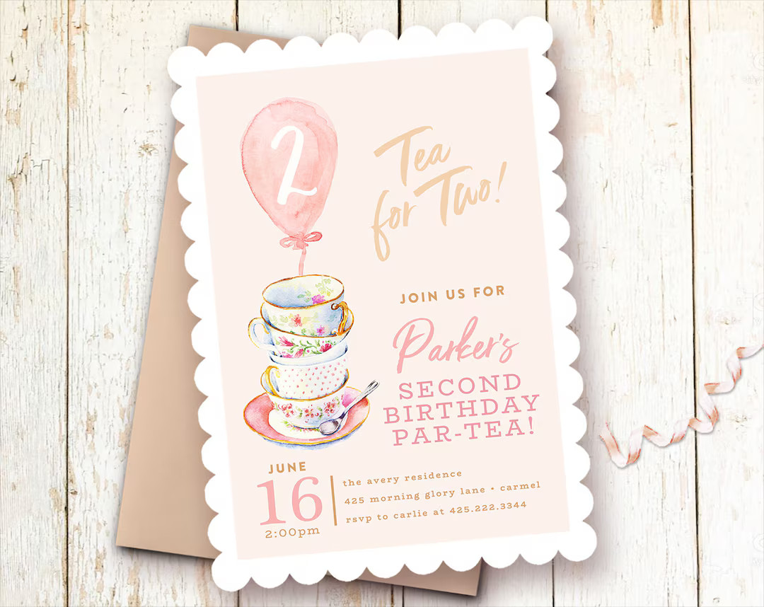 Tea for Two Birthday Invitations, Teacups Invitation, Birthday Tea Party, Blush, Pink, Two Year B... | Etsy (US)