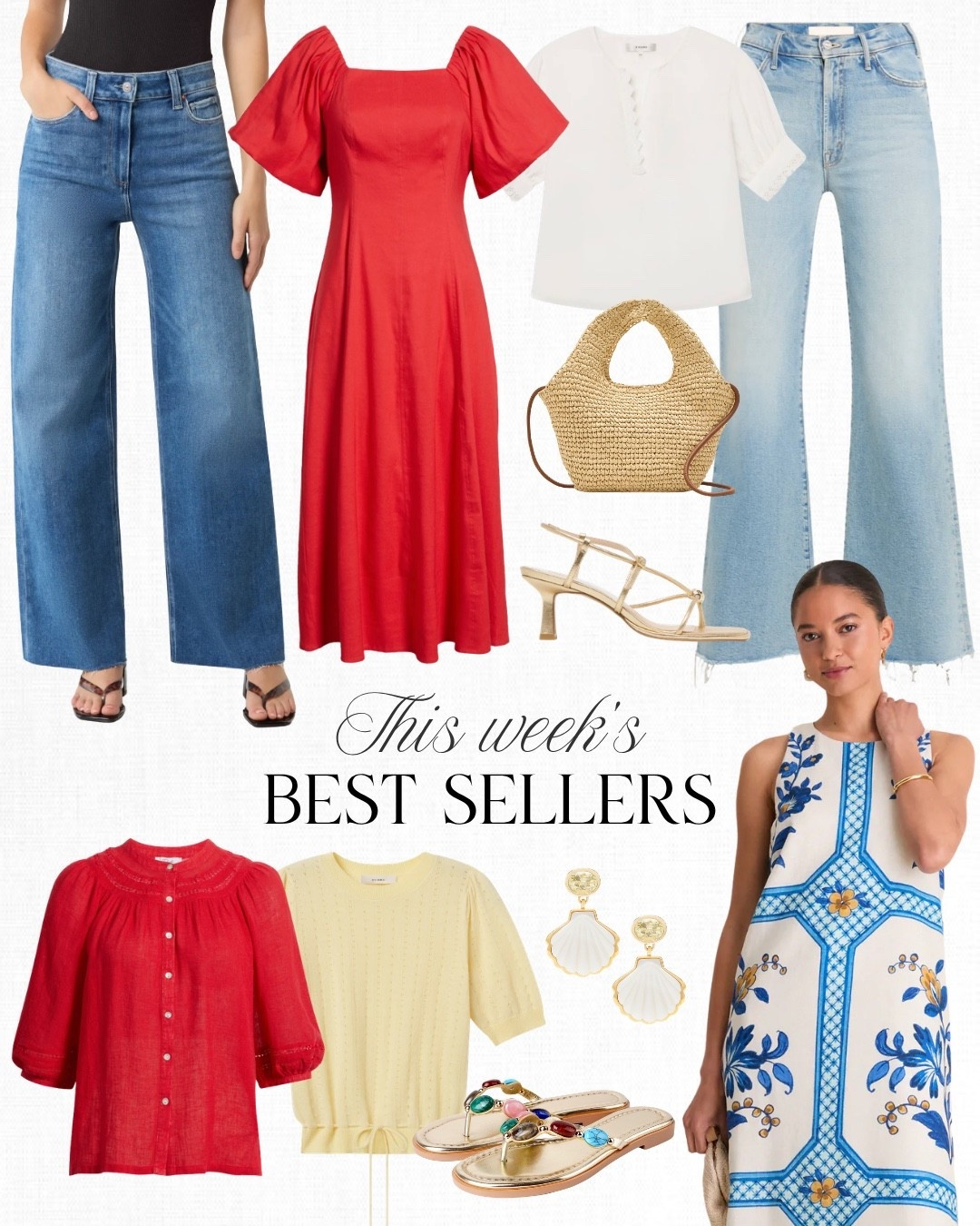 My favorite Mother jeans continue to make the list of best sellers and I love that this pair comes in petites. We're seeing pops of red everywhere in fashion right now and a few of my favorite pieces: this pretty red dress, this Rails blouse that is already sold out at Nordstrom (more sizes below) and this fun J.Crew raffia bag. I also love these sandals that look like this designer version... obsessed! 

#LTKSeasonal #LTKPetite #LTKootd