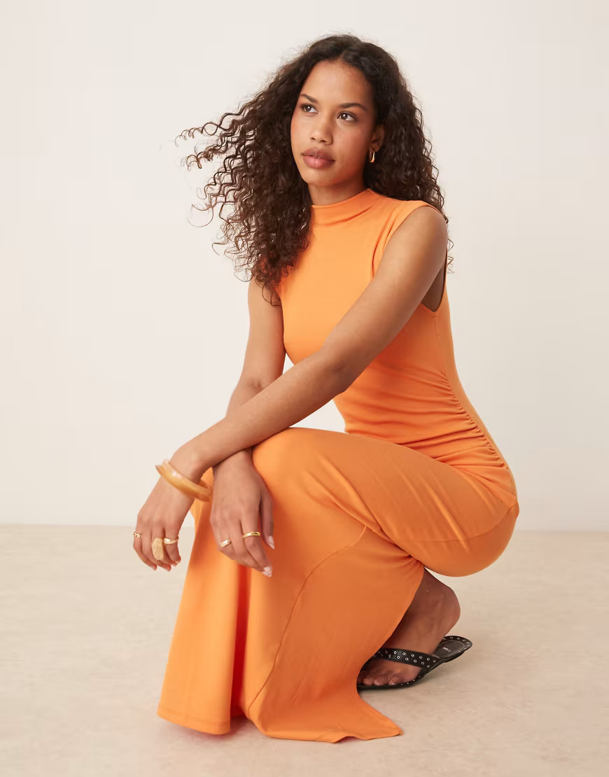Mango soft touch modal mix slim fit maxi dress with high neck in orange | ASOS (Global)