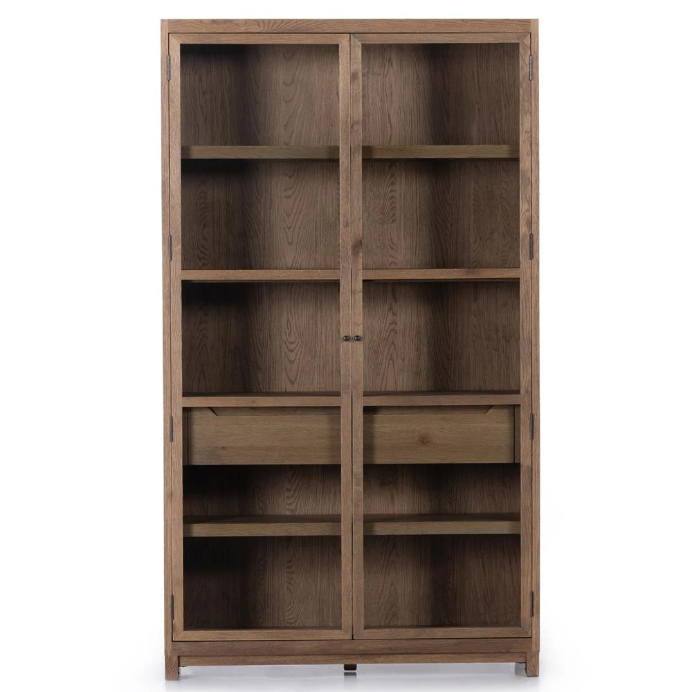 Clarence Rustic Lodge Brown Oak Wood Clear Glass Door Display Case | Kathy Kuo Home