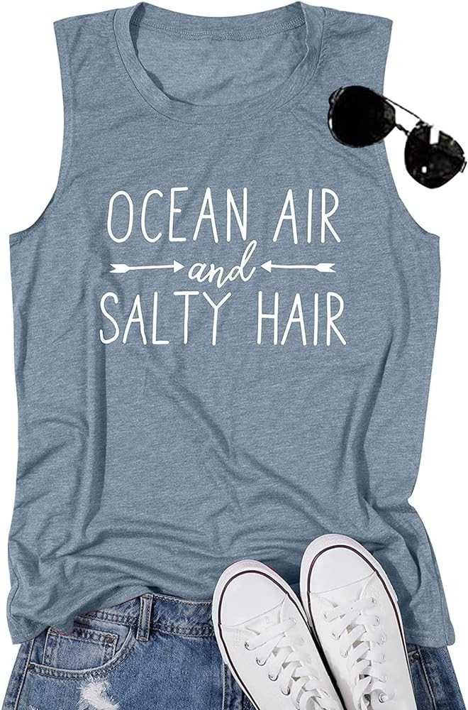 Beach Tanks for Women Ocean Air and Salty Hair Tank Top Funny Cruise Summer Sleeveless Family Vac... | Amazon (US)