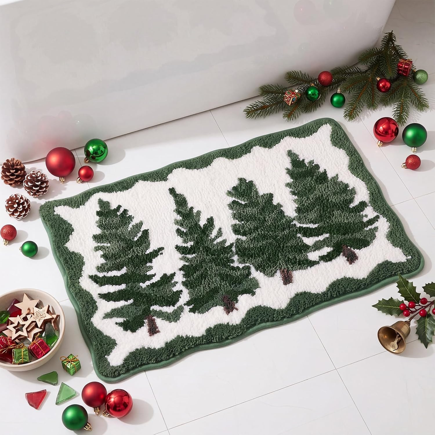 Christmas Green Trees Bathroom Rugs Scalloped Bath Mat 16 x 24 Inch | Amazon (US)