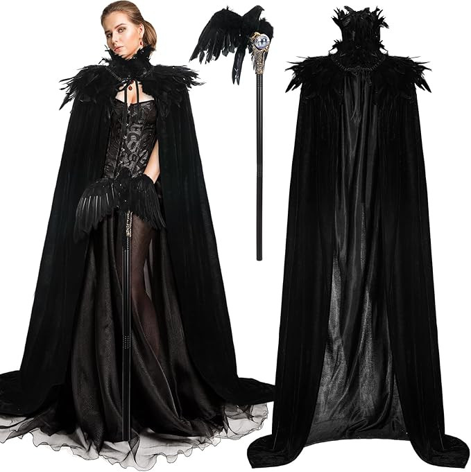 Toulite 3 Pcs Women Halloween Evil Black Style Queen Costume Witch Crow Gothic Feather Cape Cospl... | Amazon (US)