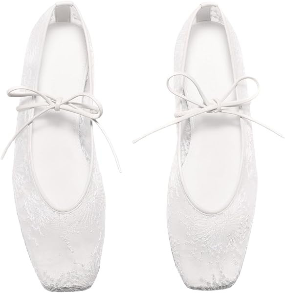 Coutgo Womens Mary Jane Flats Lace Up Square Toe Ballet Ballerina Flats Slip On Comfortable Dressy Shoes | Amazon (US)