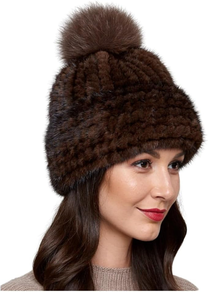 frr Knit Mink Beanie Hat with Fox Fur Pom Pom (US, Alpha, One Size, Brown) | Amazon (US)
