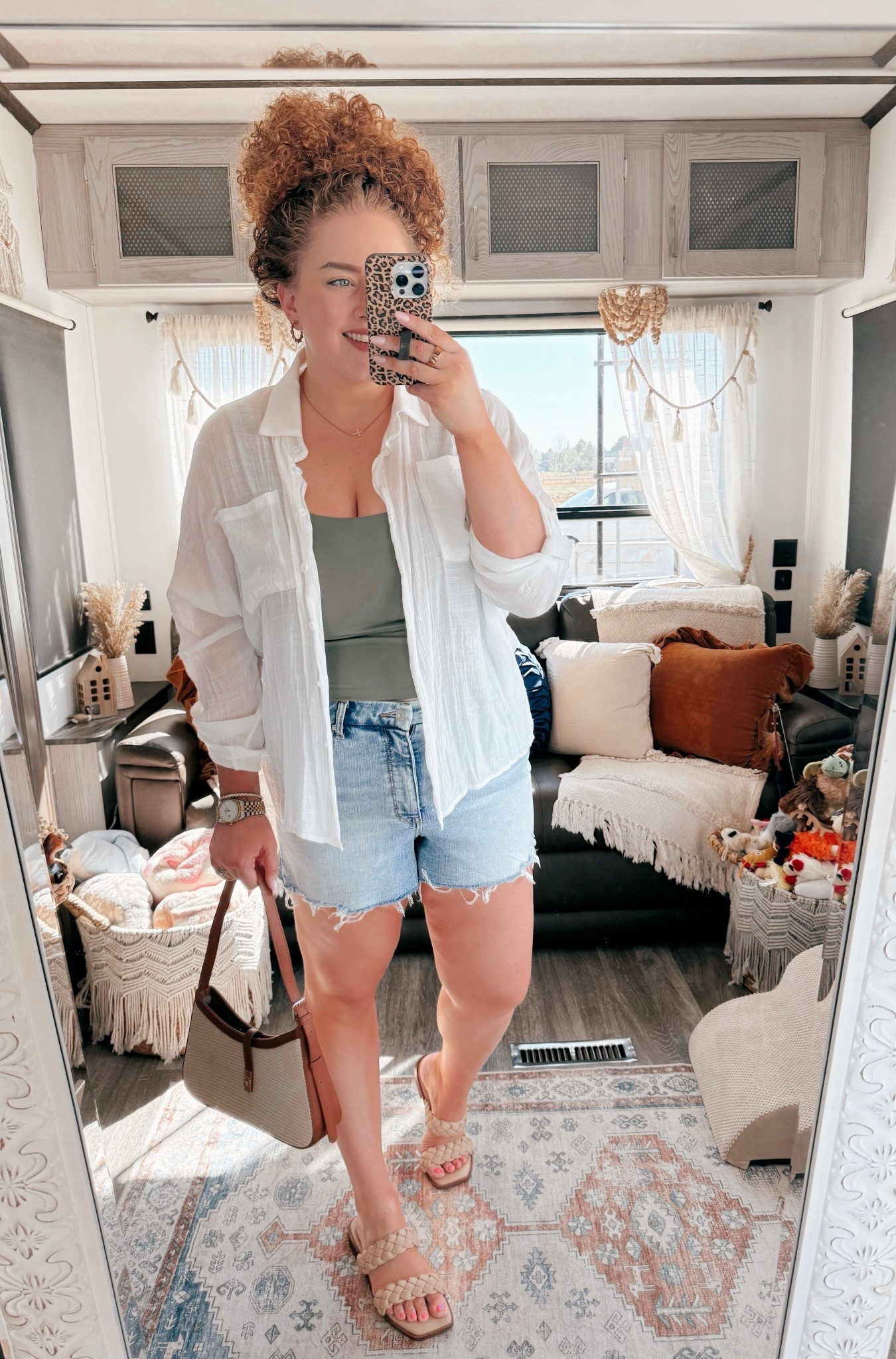 Okay this combo?? Sooo good for warm days ☀️ Light layers, easy pieces, and just feels like a cute effortless moment without trying too hard 🤩 had to link it for you🫶 summer outfit | spring to summer outfit | amazon fashion | amazon outfit | sheer white button down | white cover up shirt | lightweight layering | green tank outfit | basic tank outfit | denim shorts outfit | buckle denim shorts | casual everyday outfit | effortless style | comfy chic | warm weather outfit | vacation outfit | beach town outfit | coastal vibe | boho summer outfit | braided sandals outfit | neutral sandals | summer accessories | small purse outfit | amazon purse | easy outfit idea | mom outfit | travel outfit | weekend outfit | running errands outfit | laid back style | everyday essentials | affordable fashion | amazon finds

#LTKdayinmylife #LTKMidsize #LTKootd