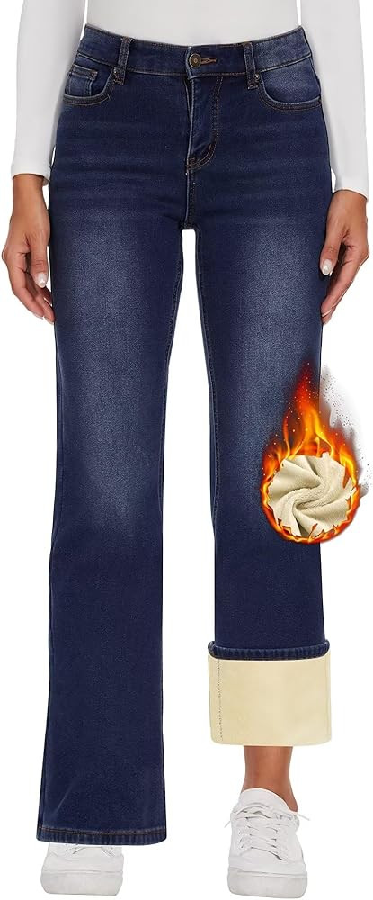 KDF Fleece Lined Jeans Women High Waisted Wide Leg Baggy Jeans for Women Winter Lined Jean Pants | Amazon (US)