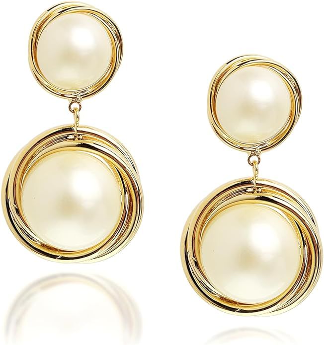 Sonateomber Gold Pearl Dangle Earrings for Women Girls Big Statement Chunky Geometric Drop Dangly... | Amazon (US)