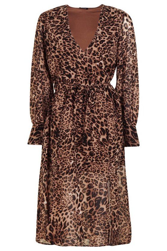 Wrap Front Leopard Print Midi Dress | Boohoo.com (US & CA)
