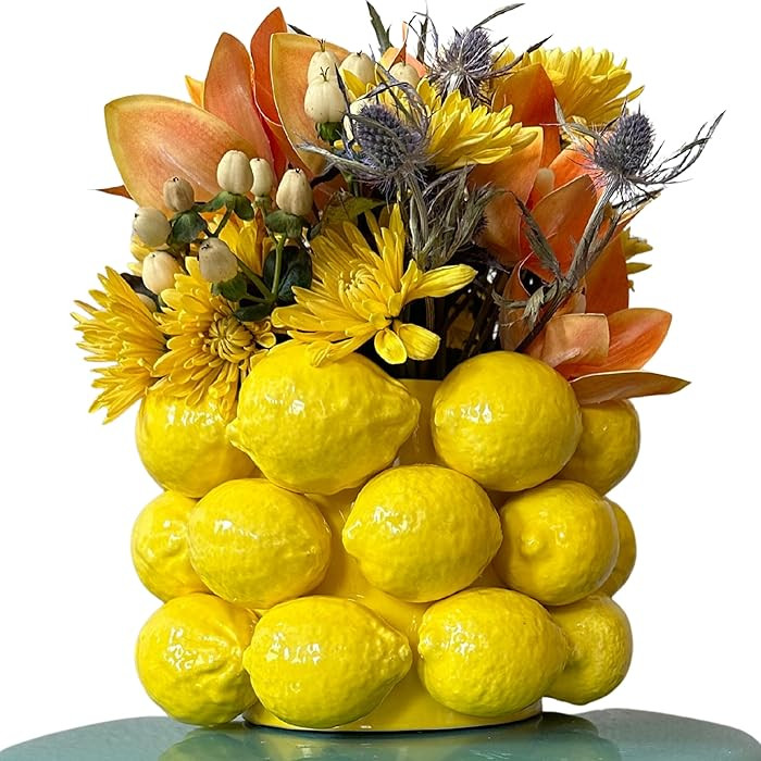 Lemon Vase -Cheery Yellow Ceramic French/Mediterranean Style Unique Vase with 3D Lemon Design- Le... | Amazon (US)