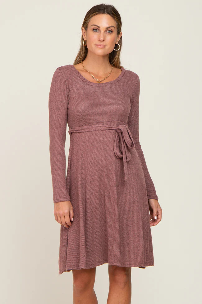 Mauve Soft Rib Knit Sash Tie Dress | PinkBlush Maternity
