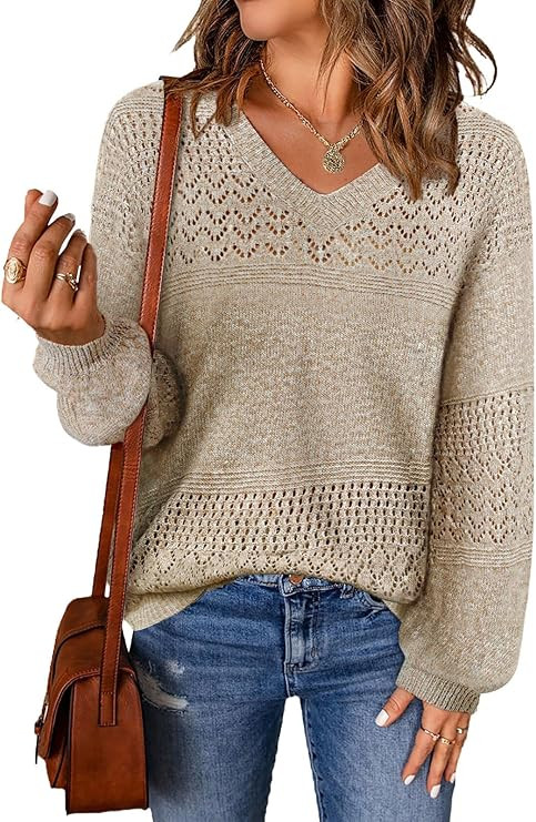 MixShe Womens Knit Sweaters 2026 Fall V Neck Long Sleeve Pullover Casual Loose Tops | Amazon (US)