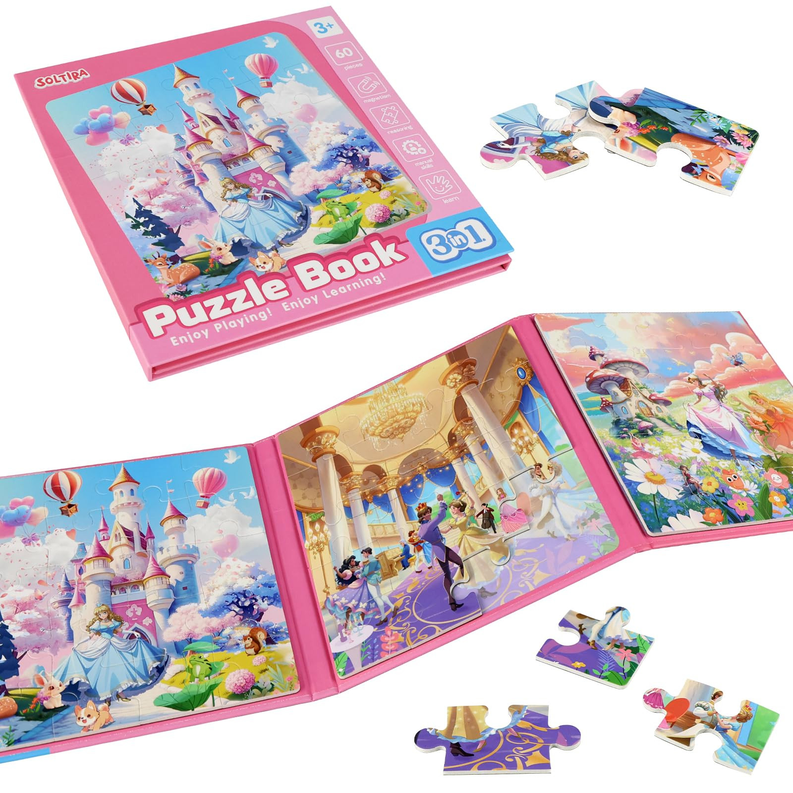 SOLTIRA Puzzles for Girls 3-5 Princess Themes(Castle/Ball/Elf, 3 * 20PCS) Puzzle Magnetic Puzzles... | Amazon (US)