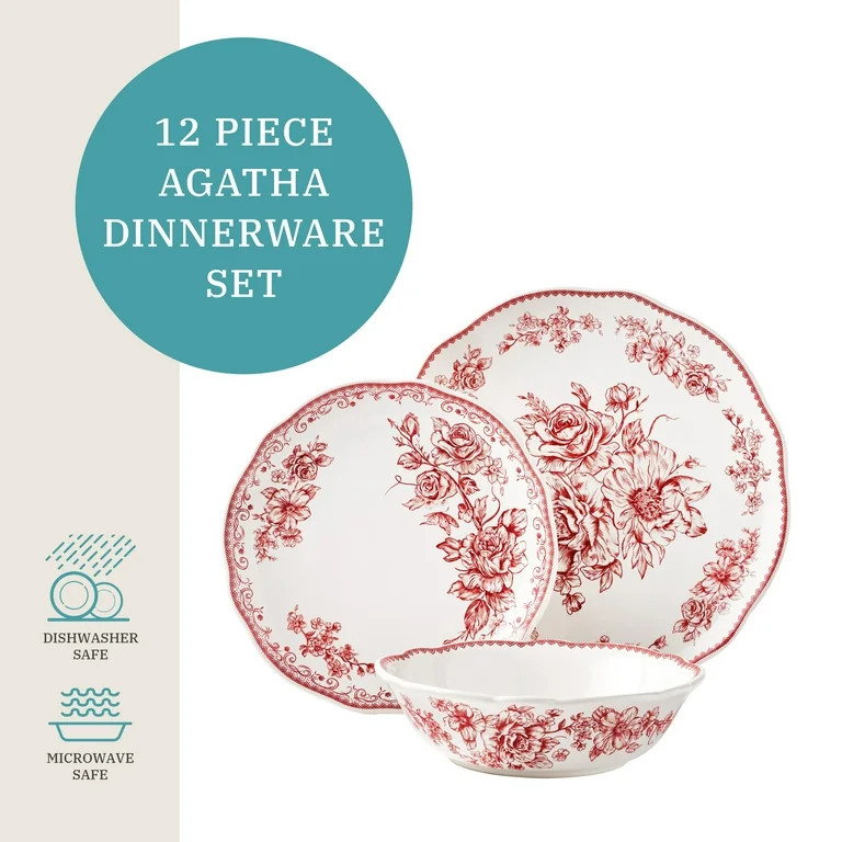 The Pioneer Woman Agatha 12-Piece Stoneware Dinnerware Set, Red | Walmart (US)
