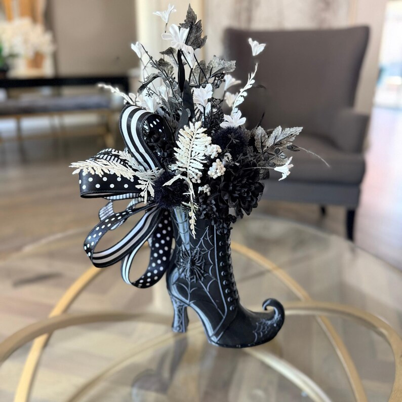 Black White Witch Boot Arrangement Halloween Floral Decor Centerpiece | Etsy (Global)