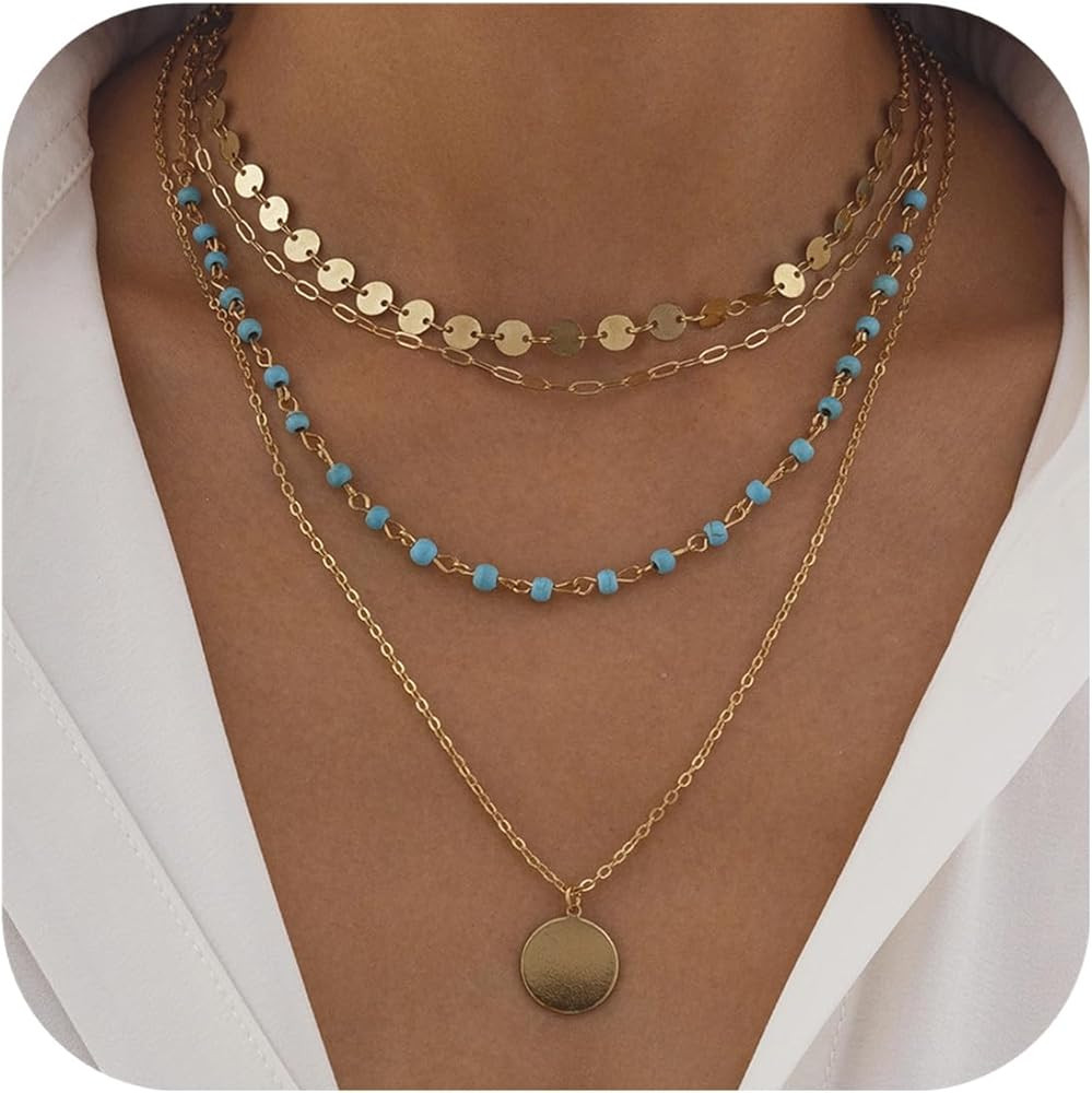 Gold Layered Necklaces for Women Boho Turquoise Stack Necklace Long Y Shape Western Necklaces Boh... | Amazon (US)