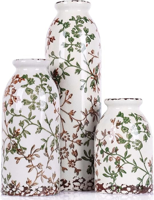 Green Ceramic Vase Set of 3 - Modern Rustic Farmhouse Style, Decorative Vases for Dining Table, S... | Amazon (US)