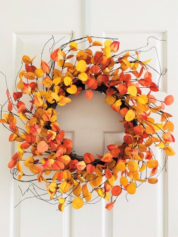 Fall leaves wreath for front door, Chinese lantern berry wreath, Orange leaves wreath, Front door... | Etsy (US)