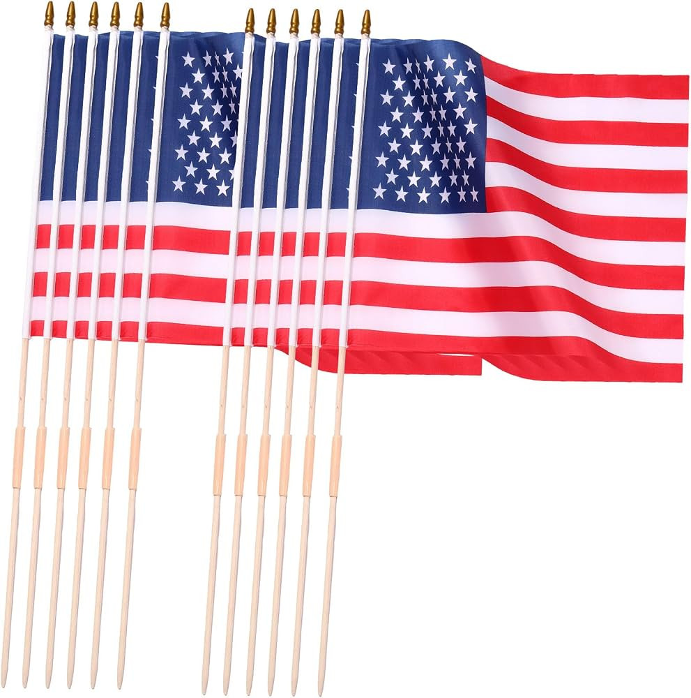 12 Pack 18 x 12 Inch American Flags on Stick, Handheld USA Flags with Spear Top, Ground Wood Flag... | Amazon (US)