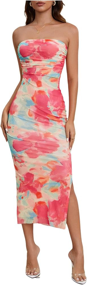 Milumia Tube Top Dresses Side Slit Ruched Bodycon Maxi Dress | Amazon (US)