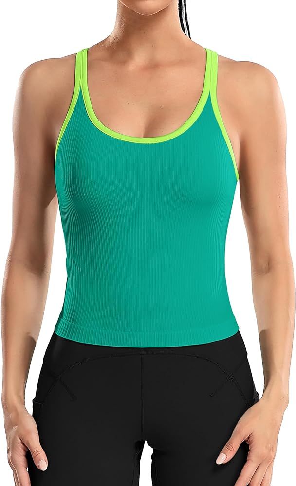 ATTRACO Women Ribbed Workout Crop Tops with Built in Bra Yoga Racerback Tank Top Tight Fit | Amazon (US)