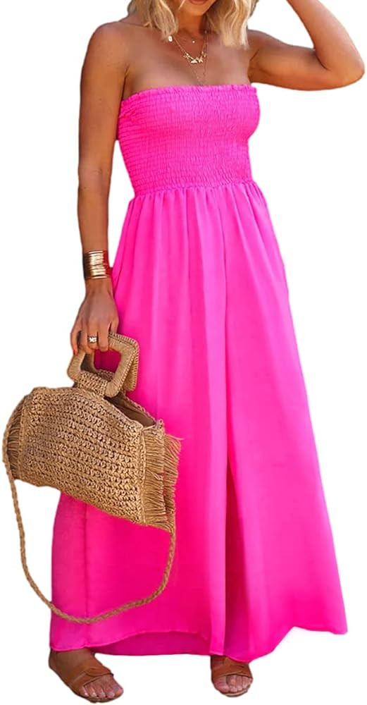 Hongqizo Womens Sleeveless Strapless Wide Leg Jumpsuits Summer Casual Loose Smocked Chiffon Jumps... | Amazon (US)