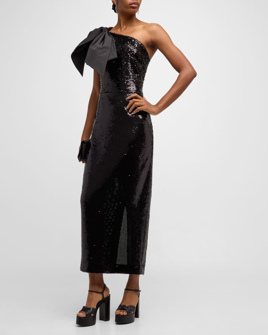 Veronica Beard Bader Sequin One-Shoulder Bow Midi Dress | Neiman Marcus