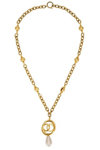 Chanel CC Pearl Swing Necklace in Metallic Gold | FWRD 