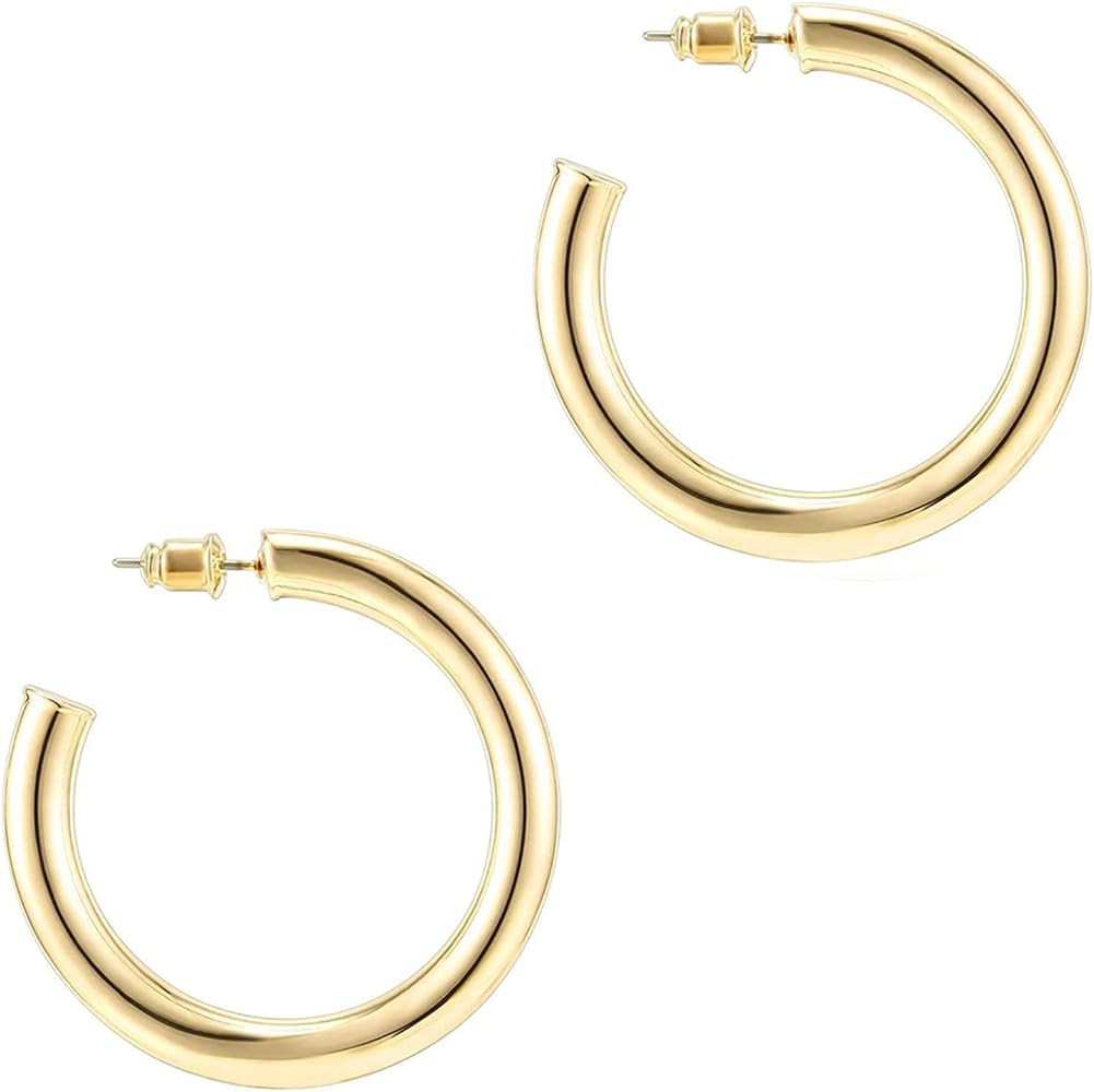 PAVOI 14K Gold Plated Lightweight Chunky Open Hoops | Gold Hoop Earrings for Women | Amazon (US)