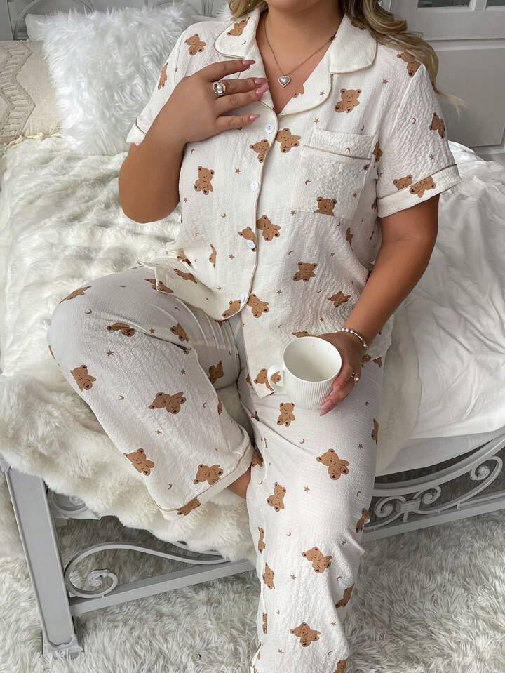 NewPlus Size Bear Printed Lapel Collar Pajama Set | SHEIN