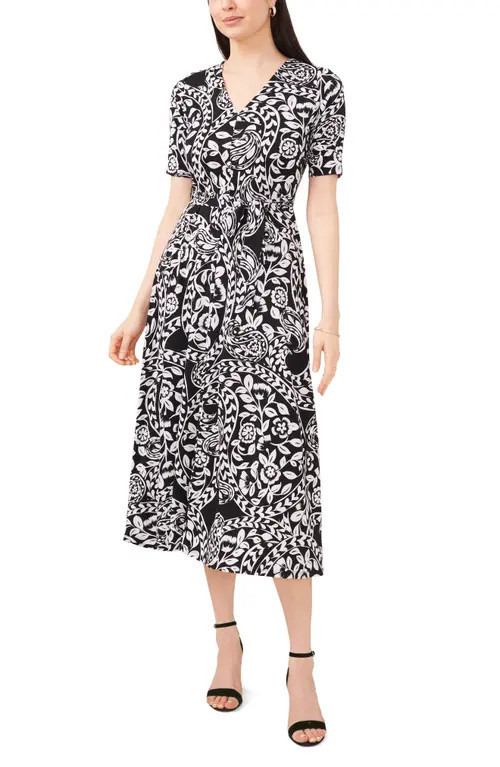 Chaus Floral Belted V-Neck Midi Dress in Black/White at Nordstrom, Size Medium | Nordstrom