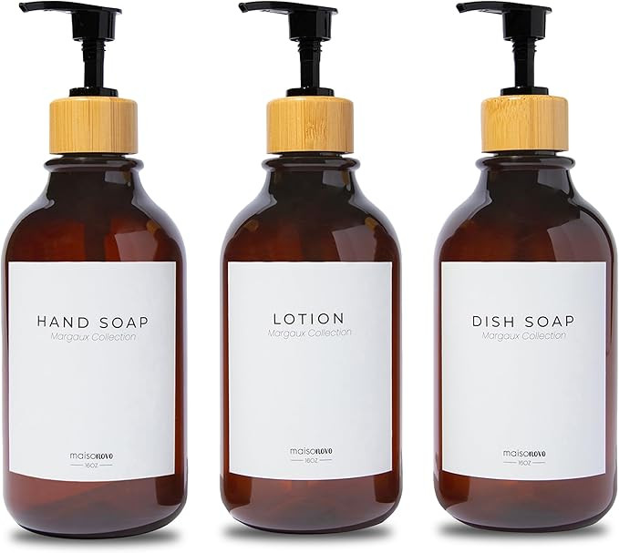 MaisoNovo Refillable Shampoo and Conditioner Bottles | 16.9 fl oz Set of 3 Amber Plastic Bottles ... | Amazon (US)