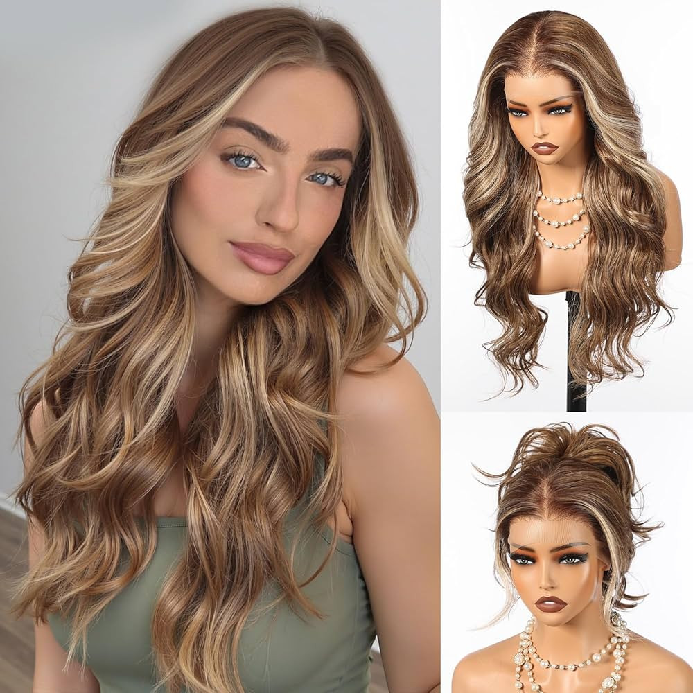 HAIRCUBE 13×6 Glueless Lace Front Wavy Wig, 26 Inch Lace Synthetic Wigs for Women Ash Brown Colo... | Amazon (US)